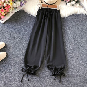 2023 Summer K-style Drape Ice Silk Bloomers Womens Elegant White Ankle Banded Pants Casual Pants Easiest for Match Cropped Pants Fashion