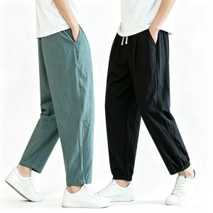 New Mens Linen Lightweight Sweatpants Cotton Solid Color Breathable Joggers Men Baggy Pants Streetwear Long Trousers Men