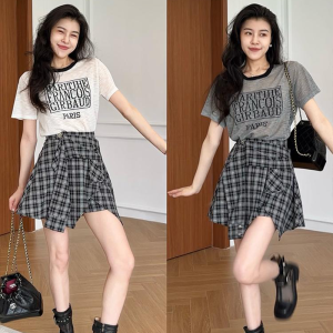 Shalldoer | Casual Round Neck Knitted T-Shirt Short Sleeve Letter Print Womens Summer Color Block Versatile Top Loose Fit Artistic Style