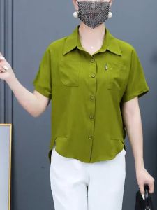 Fashionable Loose Womens Short Sleeve Shirt Korean Design Spring Summer New Style Commute Casual Pure Color POLO Collar Shirt