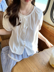 Hollyii French Sweet Pleated Ruffle Sleeve Short Sleeve Womens Top Bubble Sleeve Shirt Casual Loose Fit round Neck Spring New