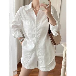 White Sun Protection Cotton and Linen Suit Womens Summer Set Casual Minimalist Long Sleeve Shirt Wide Leg Shorts Linen Two-Piece Set