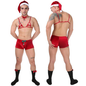 ชุดคอสเพลย์เซ็กซี่เครื่องแต่งกายซานตาคลอสห้าชิ้นสำหรับชุดชั้นในกางเกงนักมวยยกทรงหูกระต่ายแบบผูกเชือกแขวนคอสุดเซ็กซี่ของผู้ชาย