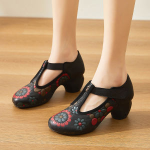 Retro Floral Embellished Chunky Heel Slip-On Womens Shoes Soft Leather Comfortable Bottom for All Seasons Genuine Leather