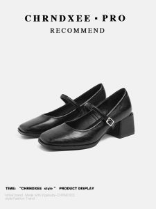Chic Korean Style Mary Jane Work Shoes for Women Commute High Heel Chunky Heel Square Head Black Single Shoes Fashionable
