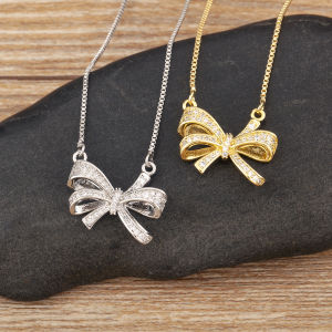 Bowknot Shape Charm Pendant Necklace For Women Fashion Elegant Clavicle Chain Copper Jewelry Birthday Wedding Gift