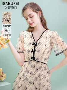 Isabufei Fairy Dress Summer New Style Womens Butterfly Knot Polka Dot Embroidery Wave Slimming Gentle Dress V-neck High Waist Short Sleeve