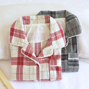 Japanese Style Simple Large Plaid Childrens Sleepwear Long Sleeve Pure Cotton Flannel Home Clothes for Boys And Girls