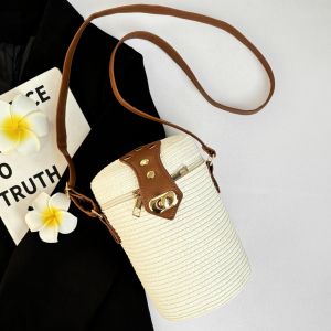 Fashionable Korean Style Handwoven Straw Bag Cylinder Crossbody Bag High Quality Textured Baskets Casual Simple Style for Women