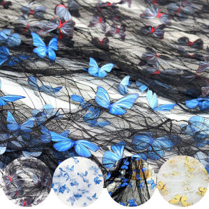 High Quality Black Transparent Blue 3D Butterfly Flower Lace Mesh Fabric Wedding Dress Fashion Costume Designer Embroidery Tulle