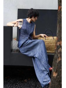 Laqian Loose Linen Denim Suit Womens Summer Retro Fancy Sleeveless Vest Pants Work Clothing Two-piece Set