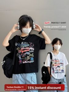 Pure Cotton Short Sleeve T-Shirt for Boys Kids Summer Wear Breathable Lightweight Casual Style Cartoon Print round Neck Top