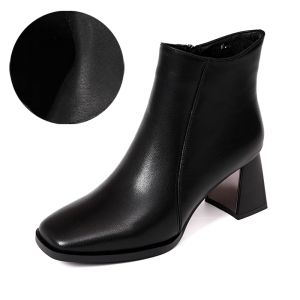 รองเท้าบูทส้นสูงหนังนิ่มสำหรับผู้หญิง ทรงหัวเหลี่ยม ด้านข้างเปิด ด้านในเป็นผ้าฝ้าย รองเท้าบูทฤดูใบไม้ผลิและฤดูใบไม้ร่วง
