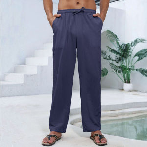 Mens Cotton Linen Pants Straight Leg Lightweight Breathable Comfortable Trousers Beach Style Solid Color Casual Cozy Sweatpants
