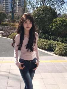 Retro American Pink Henry Collar Long Sleeve T-Shirt Womens Spring Autumn BM Style Slim Fit High End Versatile Base Shirt