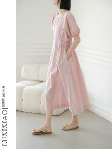 LUXIXIAO Elegant A-Line Shirt Dress Waist-Cinching Bubble Sleeve round Neck Loose Fit Korean Style Summer Midi Dress