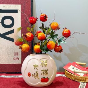 REVGUEN | Decorative Lucky Red Fruit Persimmon Dried Flower Arrangement