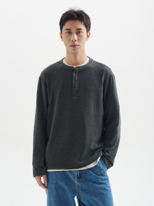 Buttbill Loose Japanese Style Henry Collar Base Shirt 5% Merino Blend Long Sleeve T-Shirt Inner Wear Couple Sweatshirt
