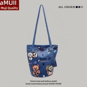 Cute Bucket Shoulder Bag Womens Sweet School Style Fashionable Versatile Cartoon Print Casual Chic Handbag for All Seasons