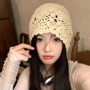 Vintage Crochet Knit Beanie Cap for Women Summer Fashion Decorative Hat Elastic Soft Breathable Pullover Hats Hand-woven Lace Hollowed Hat