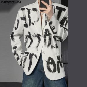 INCERUN Mens Artistic Hand Drawn Letter Design Casual Blazer Long Sleeve Lapel Leisure Suits (Korean Style)#241223