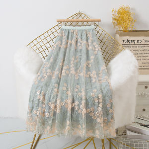 Floral Gauzy Skirt Womens Mid Length Long Length Spring & Fall New Arrival Machine Embroidery Lace Fairy Dress Light Luxury Temperament Gauze Skirt