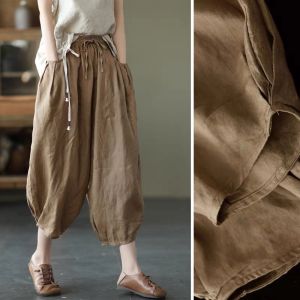 Retro Linen Slimming Loose Lantern Pants Casual Carrot Pants Womens Summer plus Size Cotton Linen Nine-Point Wide Leg Trousers
