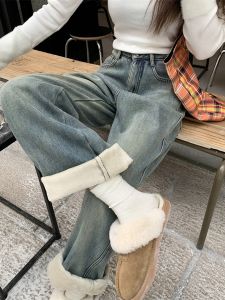 Thickened Fleece Lined Wide Leg Jeans Womens Winter plus Size Loose Fit Long Pants Retro Distressed Denim High Waist Blue
