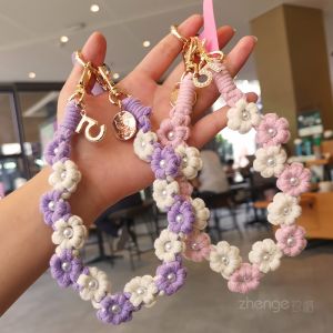 สายรัดข้อมือสั้นสำหรับโทรศัพท์มือถือแบบถักด้วยผ้าฝ้าย สายรัดหัวเข็มขัดกุญแจ สายรัดกระเป๋า เครื่องประดับโทรศัพท์มือถือสำหรับผู้หญิง