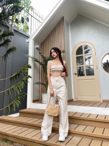 กางเกงเอวสูง ผ้าลินินเอวสูงตะขอหน้าขากระบอกกลาง S-XXXL