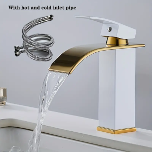 Luxury Black White Gold Waterfall Faucet with Hot and Cold Pipe Dual Control Stainless Steel Alloy Finish for Bathroom Sink