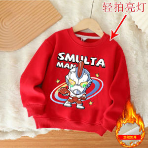 Boys Galaxy Ultraman Glowing Fleece-Lined Thickened Base Layer Sweatshirt Warm Cartoon Light-Up Hoodie Autumn Winter Kids Clothes