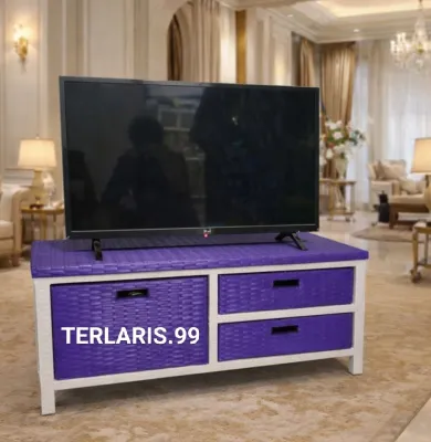 (REDY STOK) Meja Tv Rotan Sintetis Rak Dan Lemari Laci 3.Mini