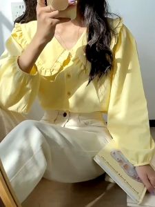 Cream Yellow Long Sleeve Shirt Female French Retro Doll Collar Tops Blouses