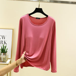 Modal Chest Pad Long Sleeves T-Shirt Womens Autumn Thin Inner Match Plus Size Tops Loose Wear-Free Bra Bottoming Shirt
