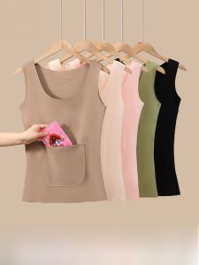 MiiOW | Warm Fleece Vest Womens Autumn Winter Double Pocket Belly Warmth Waist Protection Can Place Warm Baby Inner Wear Base Shirt