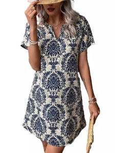 ชุดเดรสคอวีแขนสั้นพิมพ์ลายฤดูร้อนหลวมๆ ลำลอง กระโปรงทรงเอ เสื้อผ้าทำงานสำหรับผู้หญิง แขนสั้น คอวี แขนสั้น กระโปรงทรงเอ