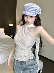 GUZILIAN | French Lace Sash Shoulder Baring Sleeveless Vest Women Summer Design Pure Desire Personality Hot Girl Shoulder Exposure Top