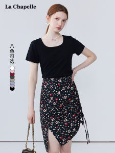 La Chapelle Simple Shoulder Pure Color Womens T-shirt Slimming Short Sleeve Top Commute Style Cotton Blend Spring Fashion