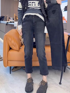 High Waist Thickened Fleece Lined Retro Elastic Denim Pants Women plus Size Wide Leg Pants Slimming Effect Autumn Winter