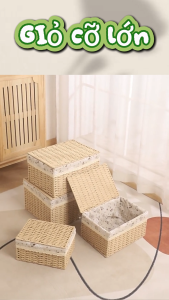 Giỏ Có Nắp ANKAN Lót Vải Vintage Cỡ Lớn – Đựng Quần Áo Chăn Mỏng Mỹ Phẩm