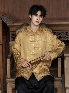 New Chinese Style Long Sleeve Silk Jacket with Embroidery And Button for Men Large Size Casual Wear All Seasons