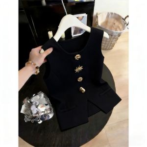 TIANANQI | Elegant Black Sleeveless T-shirt