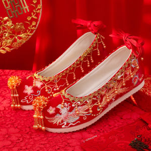 Giày Cưới Trong Giày Xiuhe Giày Cô Dâu Kiểu Trung Quốc Giày Thêu Hoa Màu Champagne Dây Chuyền Phượng Hoàng Trang Phục Xiuhe Hán Phục