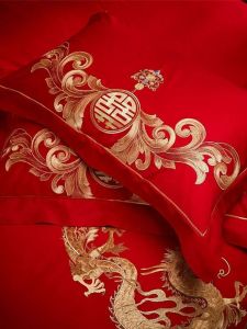 Bộ Ấm Cúng Trang Trí Cưới Mới Pure Cotton Embroidery Red Pillowcase Bedding Quần Áo Mặc Nhà Quần Áo Mặc Nhà