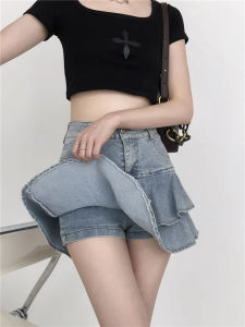 High Waist A-Line Mini Skirt with Lace Trim Short Skirt Women Summer Design Sense Cake Style Denim Half Skirt Korean Version