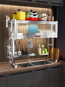 SJorage 304 Stainless Steel Over Sink Dish Rack with Cover Kitchen Organizer Multifunctional Dish Storage Cabinet Anti Dust Multiple Size