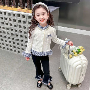 ชุดเด็กผู้หญิงสไตล์เกาหลี ชุดสองชิ้นลายสก็อต ชุดแฟชั่นฤดูใบไม้ผลิ 2025 สำหรับเด็กผู้หญิง ชุดกระโปรงสั้น ชุดเด็กผู้หญิง