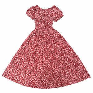 ชุดเดรสผ้าไหมคอตตอนแขนสั้นเอวสูง ชุดเดรสยาวชายหาดสไตล์วินเทจพิมพ์ลายดอกไม้ ชุดเดรสผ้าไหมคอตตอนสำหรับผู้หญิง