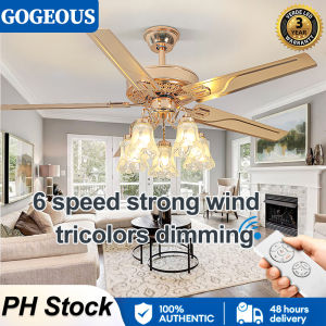 GOGEOUS 52inch ceiling fan with light modern Stainless steel ceiling fan with led light 3 colors dimming ceiling lights with fan with remote fan light 6 speed strong wind ceiling fan light for living room bedroom
